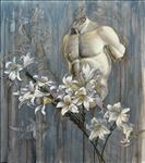 Artist : Patt Yingcharoen, Mable torso and a bunch of lilies หุ่นหินอ่อนกับลิลลี่หนึ่งช่อ, 2019, Oil on canvas, 90x80 cm.
