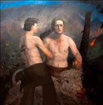 Two Brothers Butchering a Cattle, 2023, Oil on Linen, 170 x 170 cm.