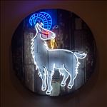 Goat, 2016, Acrylic and neon light on wooden panel, Diameter 100 cm.