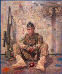 Artist: Thanarit Thipwaree, "This is not a war but prevent war", 2022, Oil on linen, 152x127 cm.