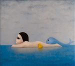 Floating on the sea, 2023, Oil and spray on linen, 140 x 160 cm.