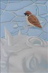 Broken sculpture and little bird, 2026, Acrylic on canvas, 30 x 20 cm